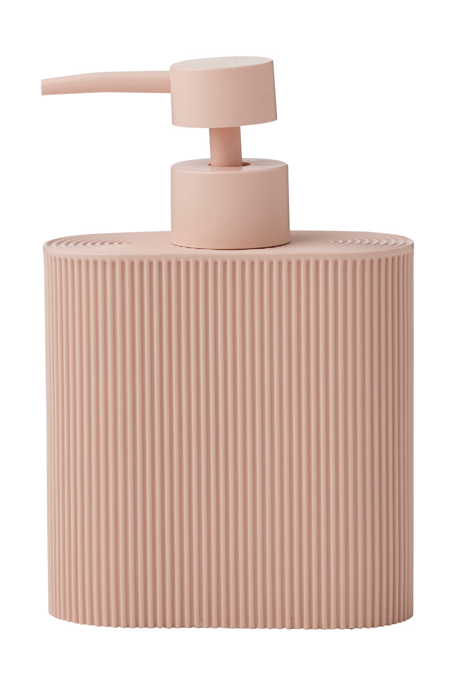Pink ribbed soap dispenser on a white background