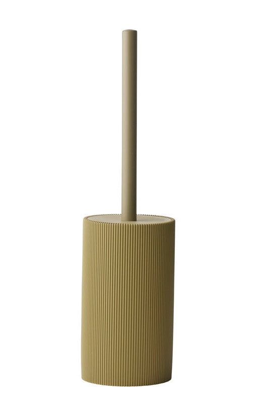 A minimalist toilet brush with a ribbed cylindrical base and a slim handle, in a muted olive-beige color, shown against a plain white background.
