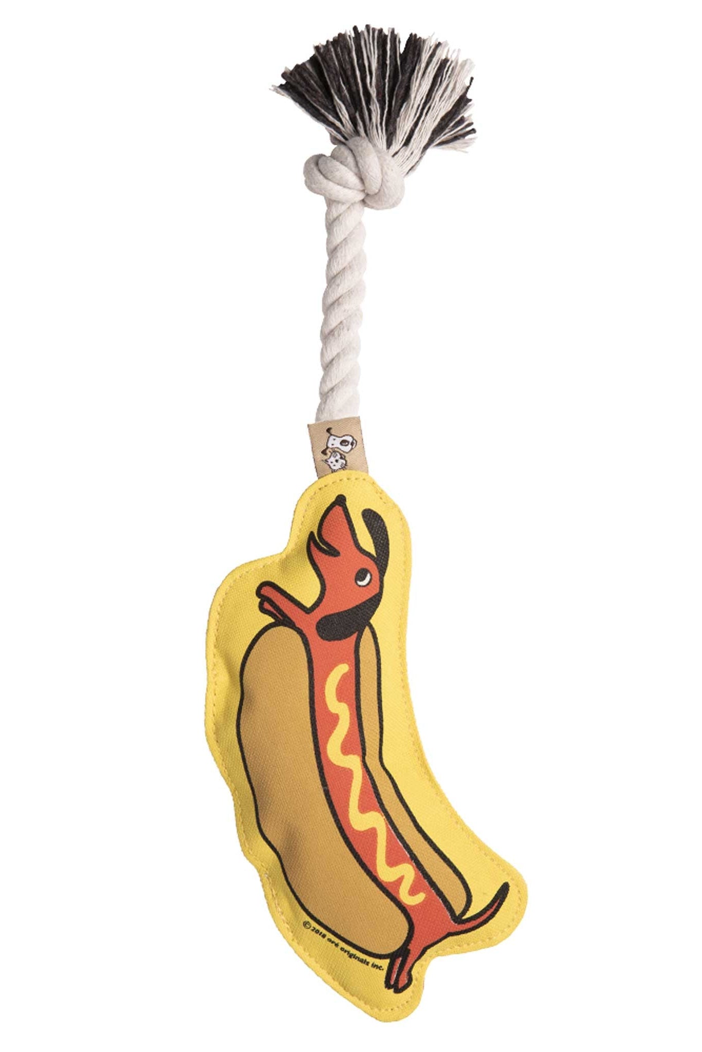 Dog toy shaped like a hot dog with a rope handle on a white background