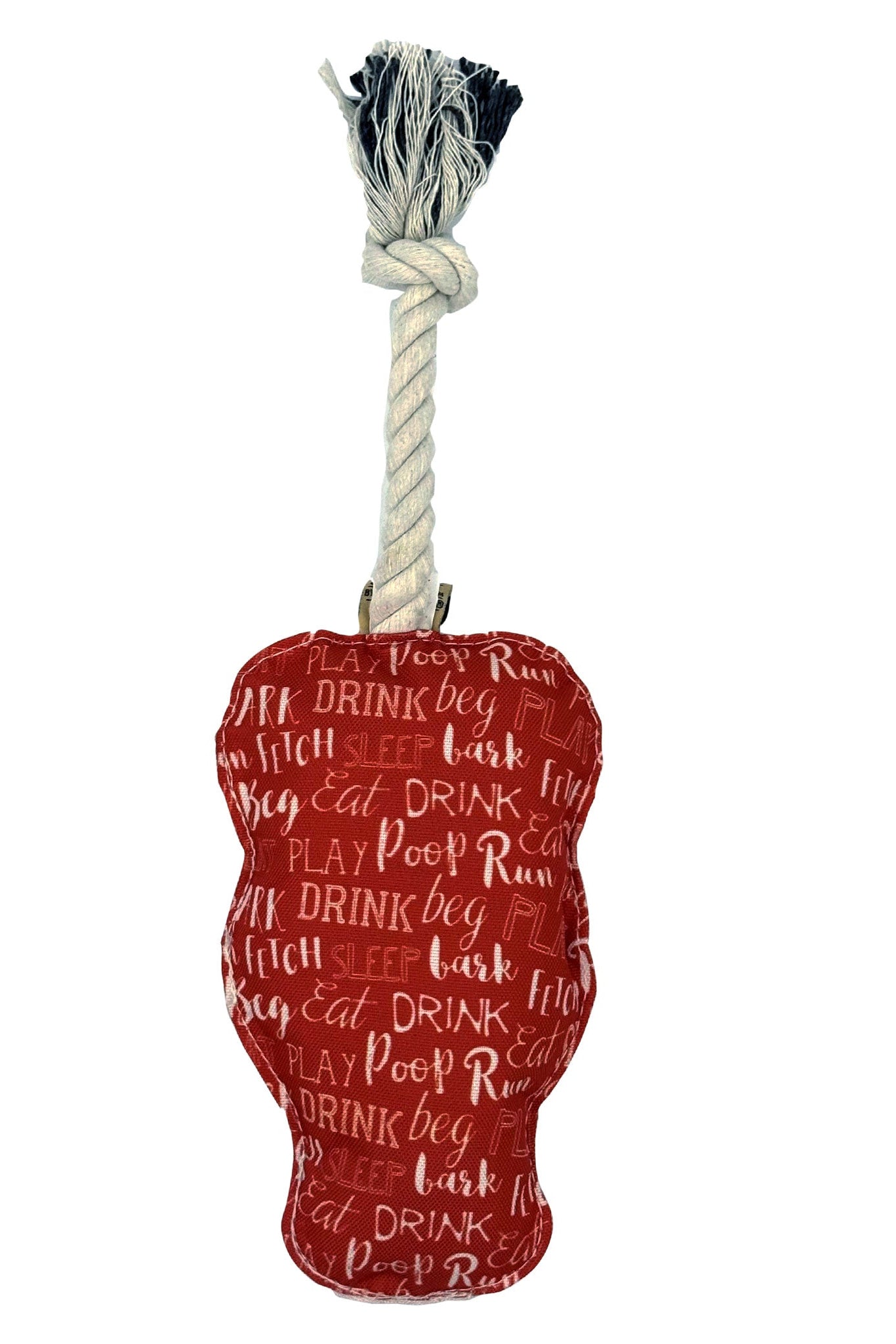 Red dog toy with text pattern and rope handle on a white background