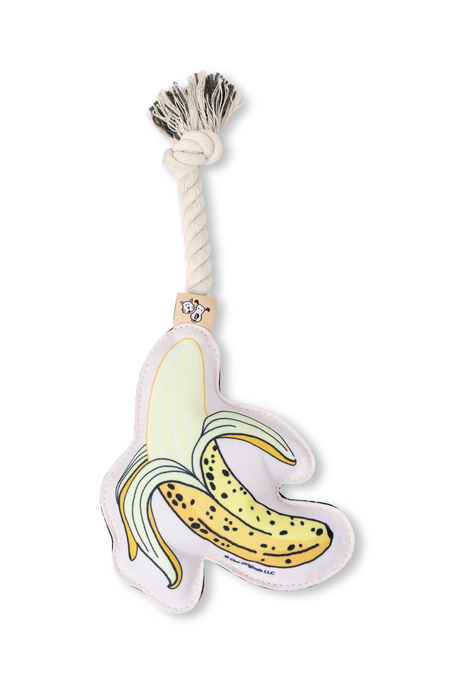 Dog toy shaped like a banana with a rope handle on a white background
