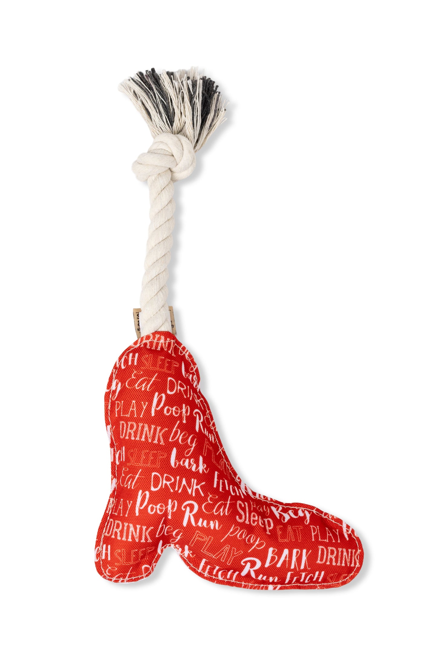 Red boxing glove dog toy with a rope on a white background