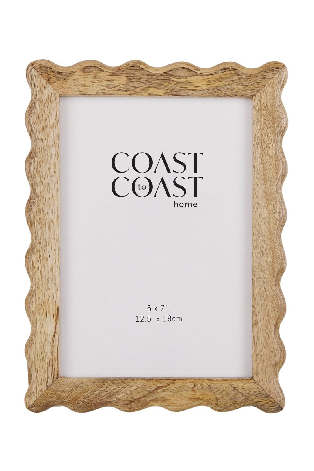 Wooden picture frame with scalloped edge and 'Coast to Coast Home' branding on a white background