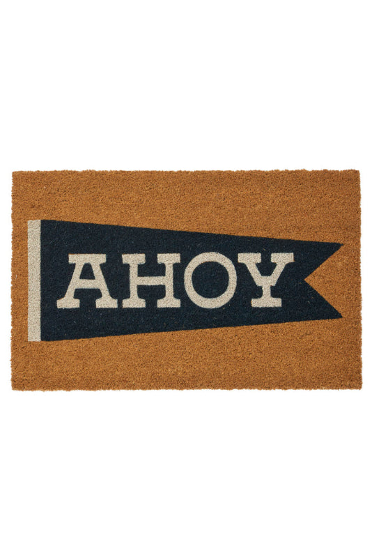 A rectangular natural coir doormat with a dark navy blue banner across the center featuring the word 'AHoy' in large cream letters.