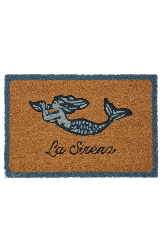 A rectangular coir doormat with a dark blue mermaid illustration and the words 'La Sirena' in dark script, bordered in dark blue on a white background.