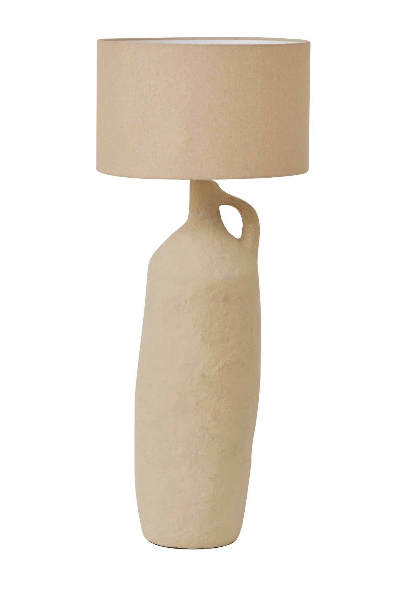 Beige floor lamp with a cylindrical base and round beige shade on a white background