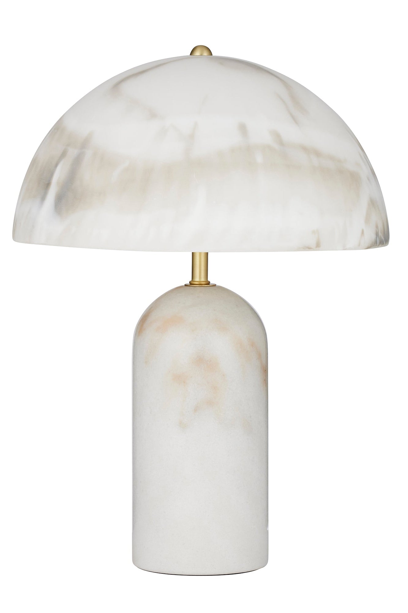 White marble table lamp with gold detailing and marble look frame on a white background