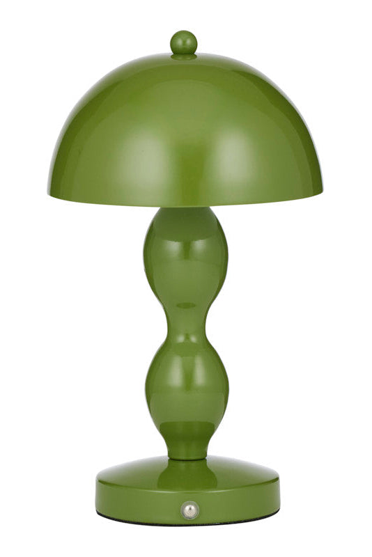 A glossy olive green table lamp with a dome-shaped shade, a bulb-shaped stem, and a circular base on a plain white background.
