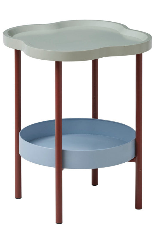 A modern cloud-shaped side table with a light sage green top, reddish-brown legs, and a light blue circular shelf.