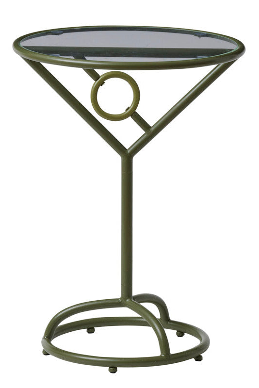 An olive green metal cocktail table with a round clear glass top and a circular ring detail on the upper frame, set against a plain white background.