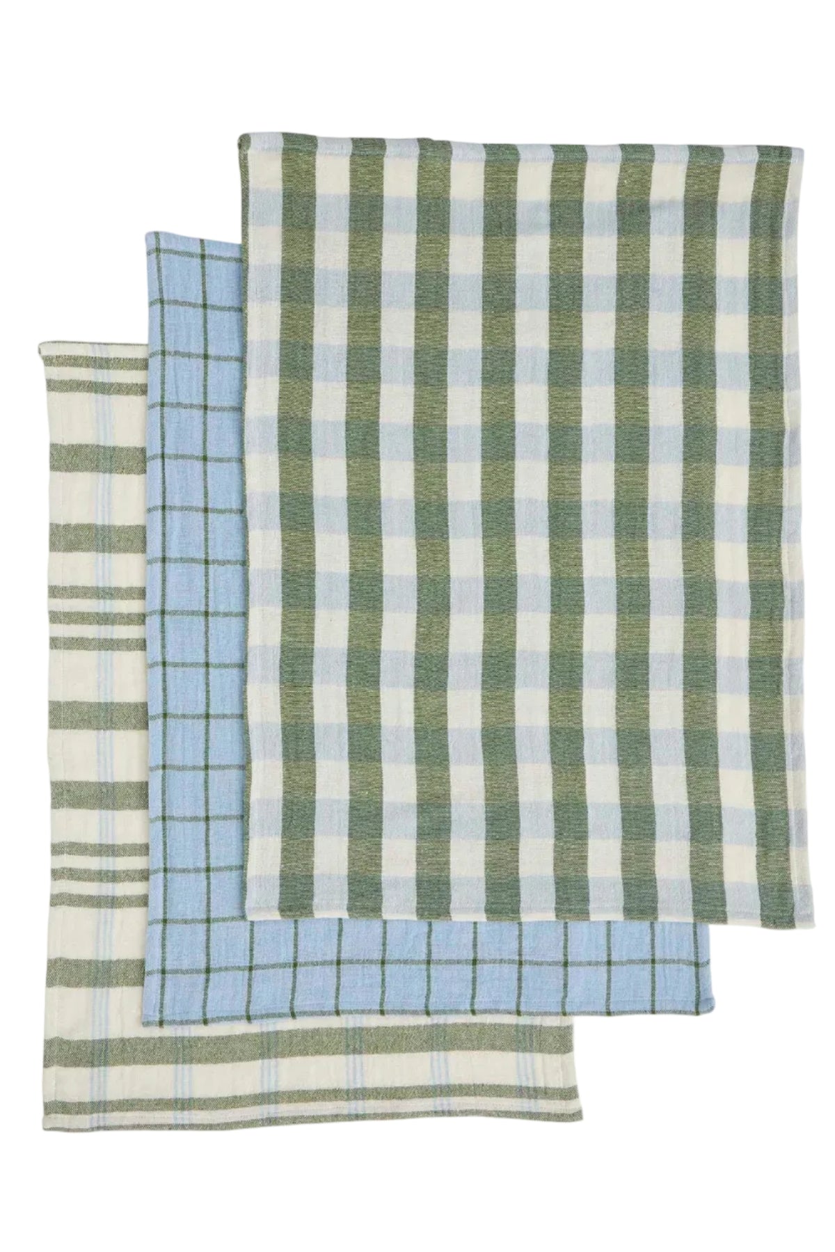 Set of three checkered towels in green, blue, and white on a white background