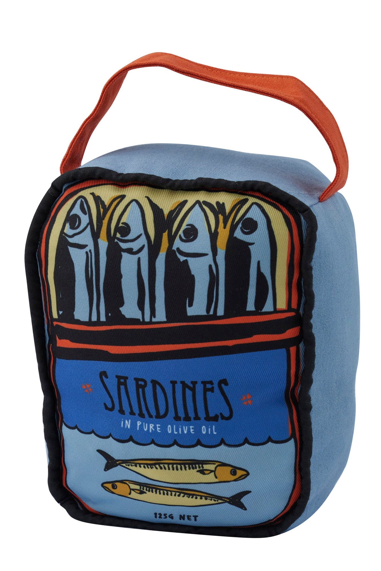 Fabric door stop with sardine design on a white background
