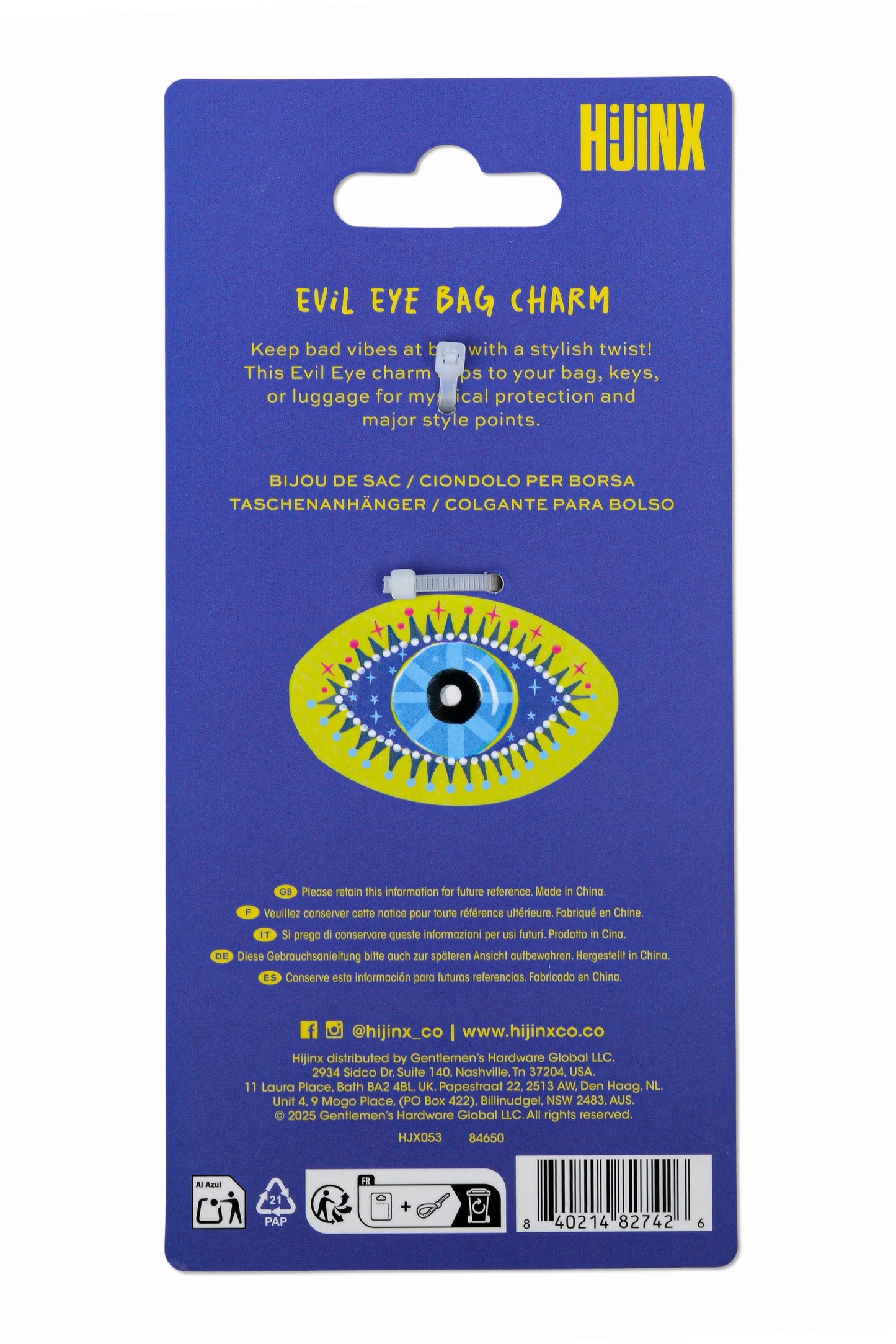 Blue retail packaging card for a HJNX Evil Eye Bag Charm, showing the product illustration and product details in English and Spanish.