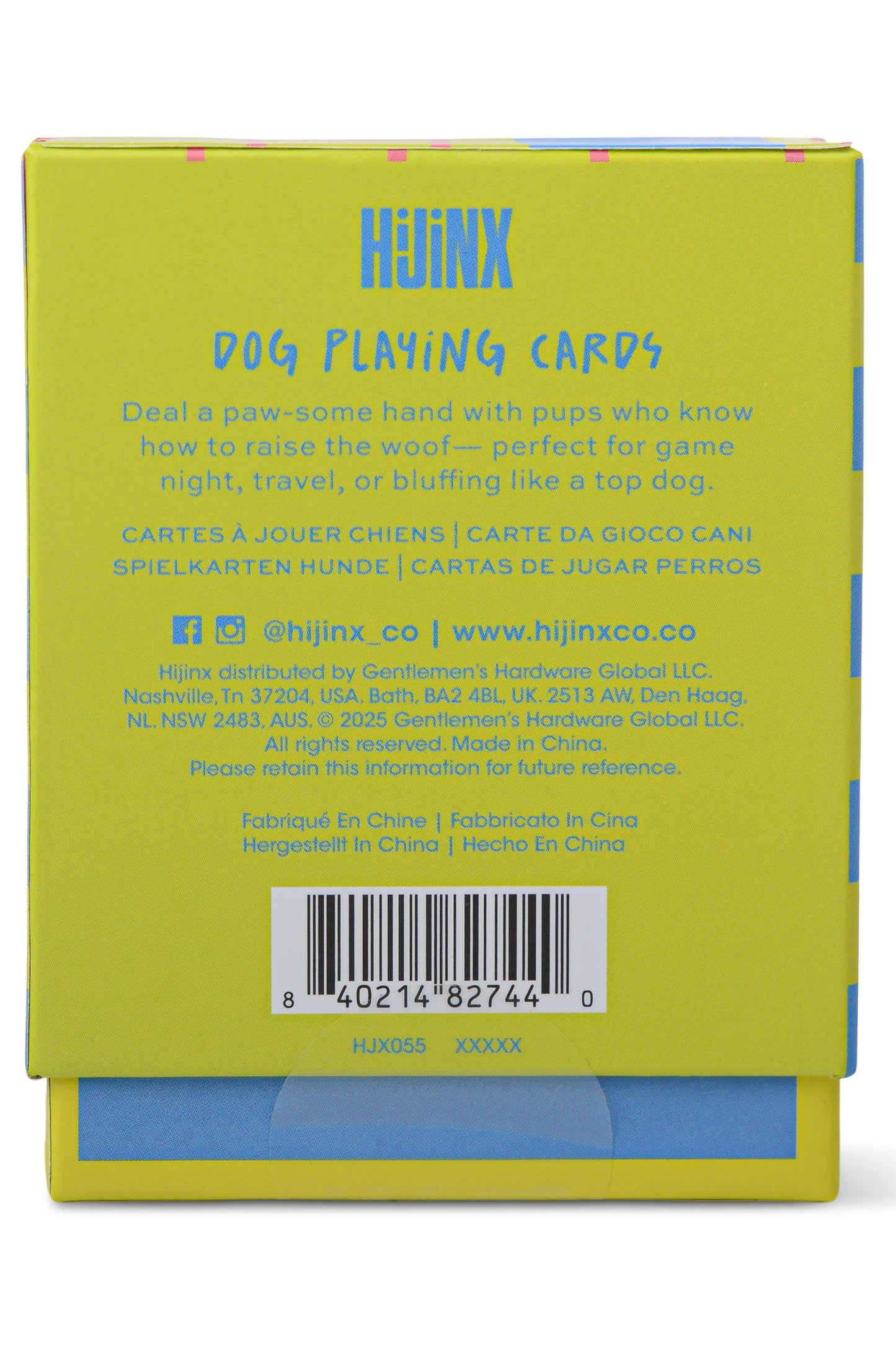 The back of a lime green and blue Huxley Dog Flaming Cards card game box, featuring product description, company details, and a barcode.