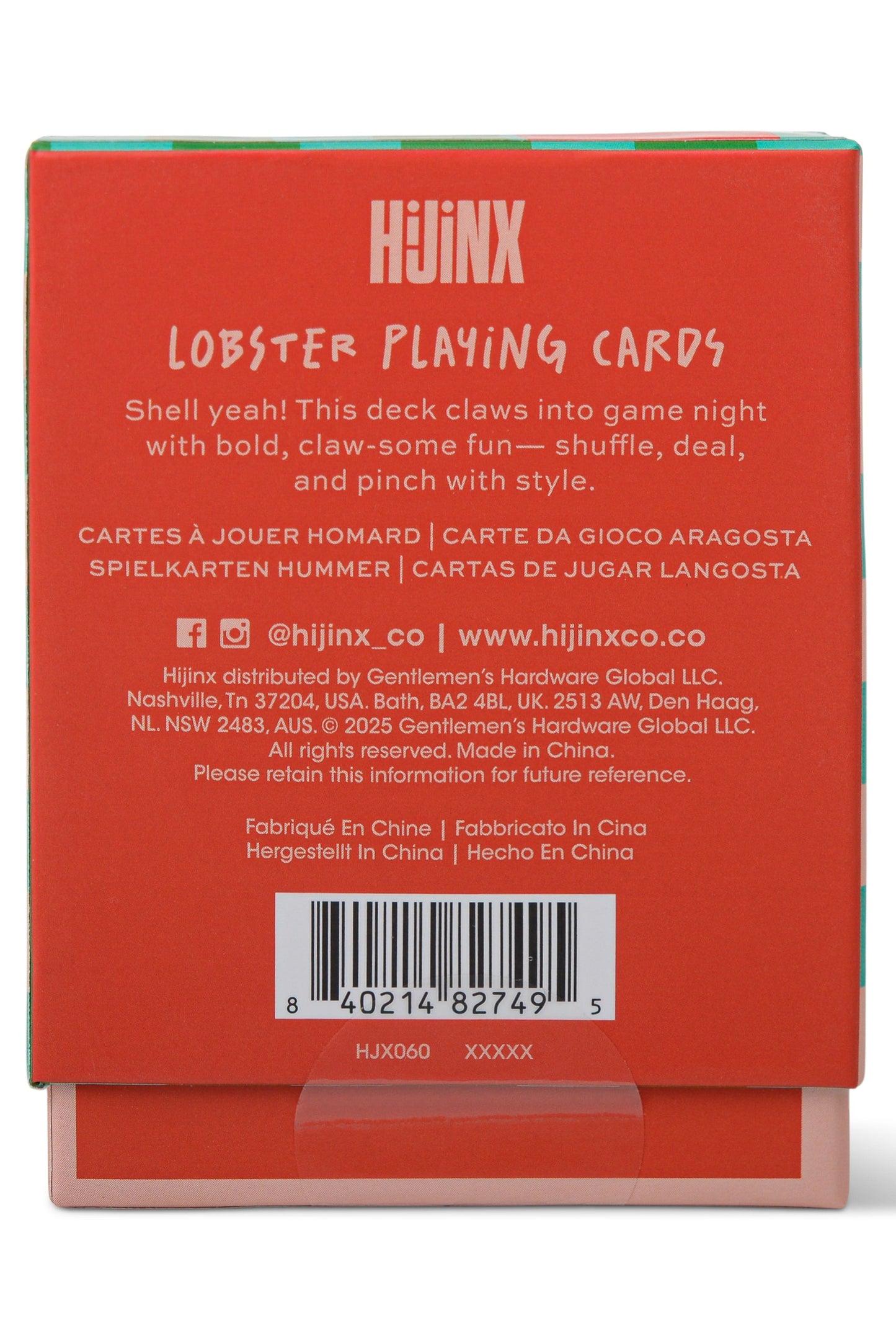 The back of a red Hijnx Lobster Playing Cards deck box, showing white text with product details, a barcode, and a small display stand holding the box.