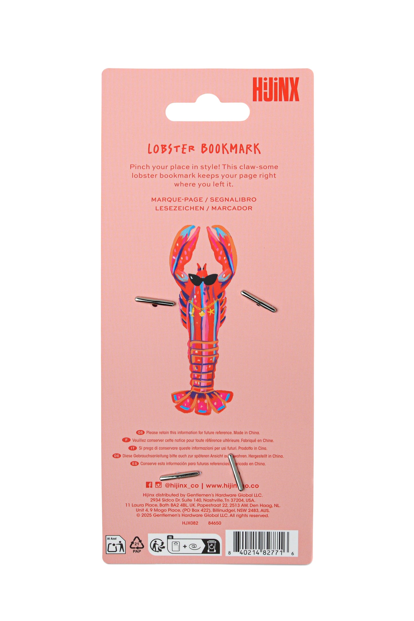 The back of a pink retail card package for a lobster bookmark. The card shows the brand name HUNX in orange at the top, product text reading 'LOBSTER BOOKMARK,' a large colorful lobster illustration in the center, and several small metal bookmarks shown around it.