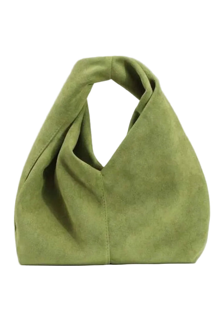 An olive green slouchy shoulder bag made of soft suede-like material, against a white background.