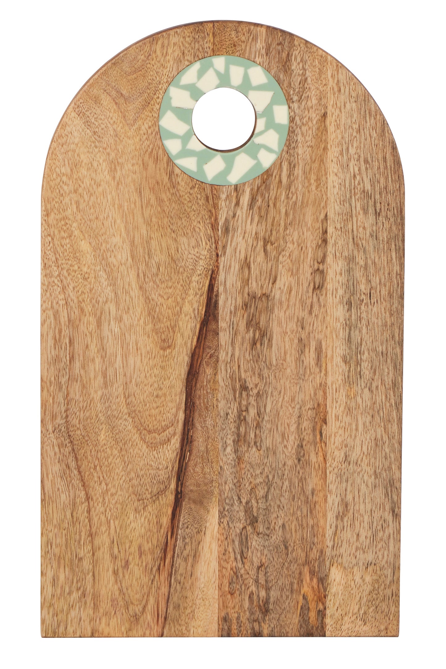 Wooden cutting board with a decorative ring on a white background