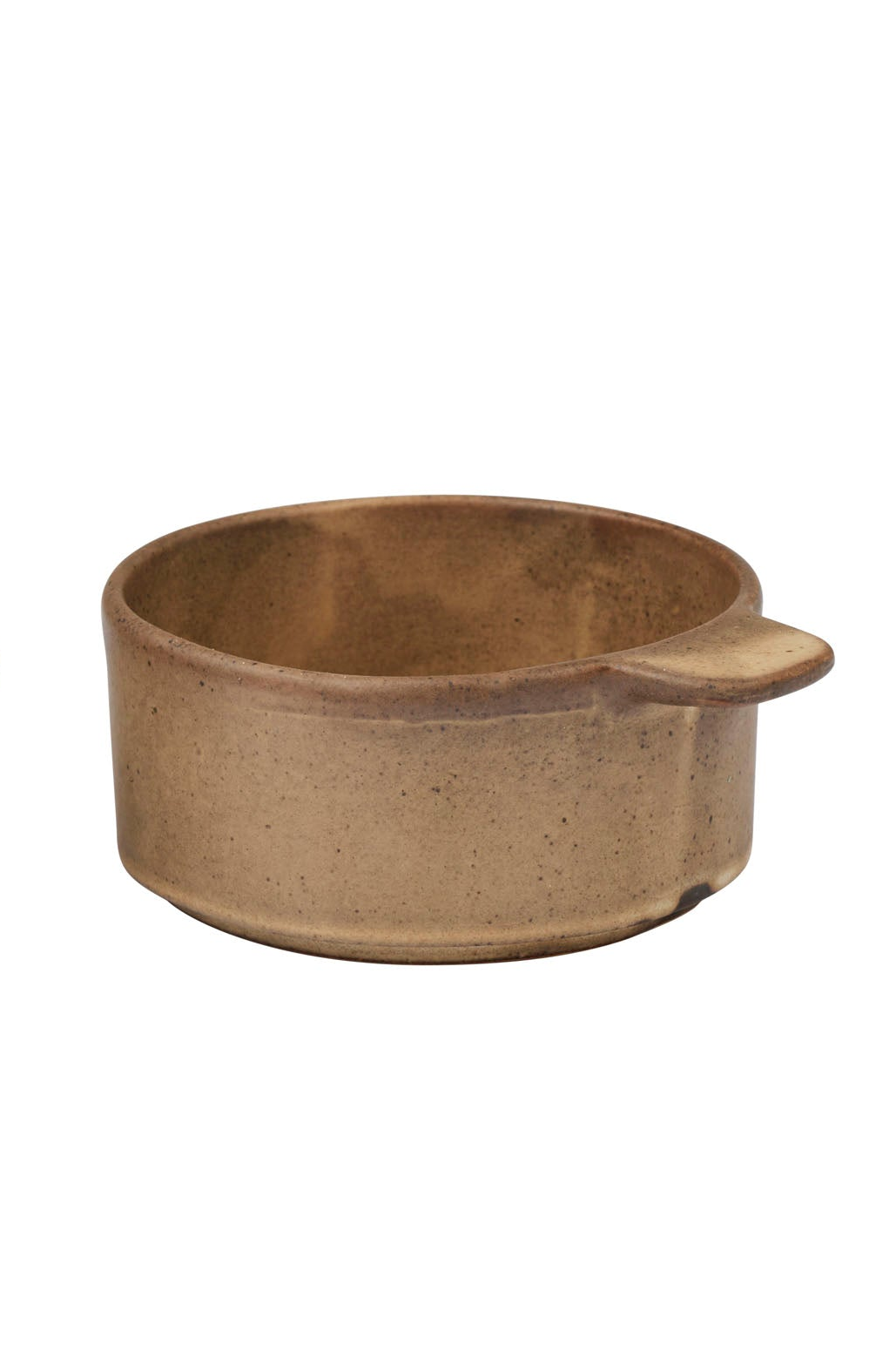 Two ceramic bowls, one beige and one brown, on a white background