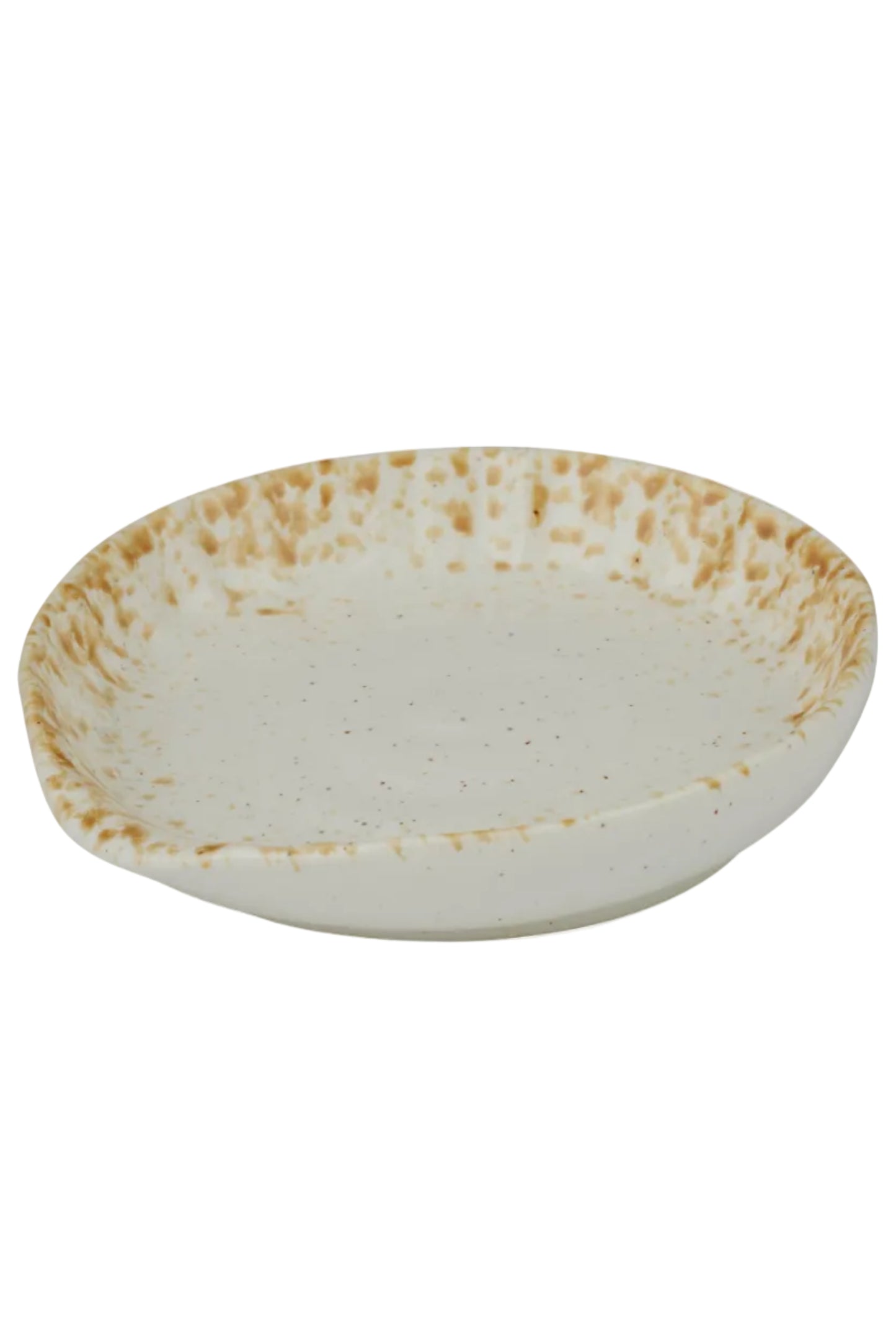 White ceramic spoon rest with brown rim on a white background