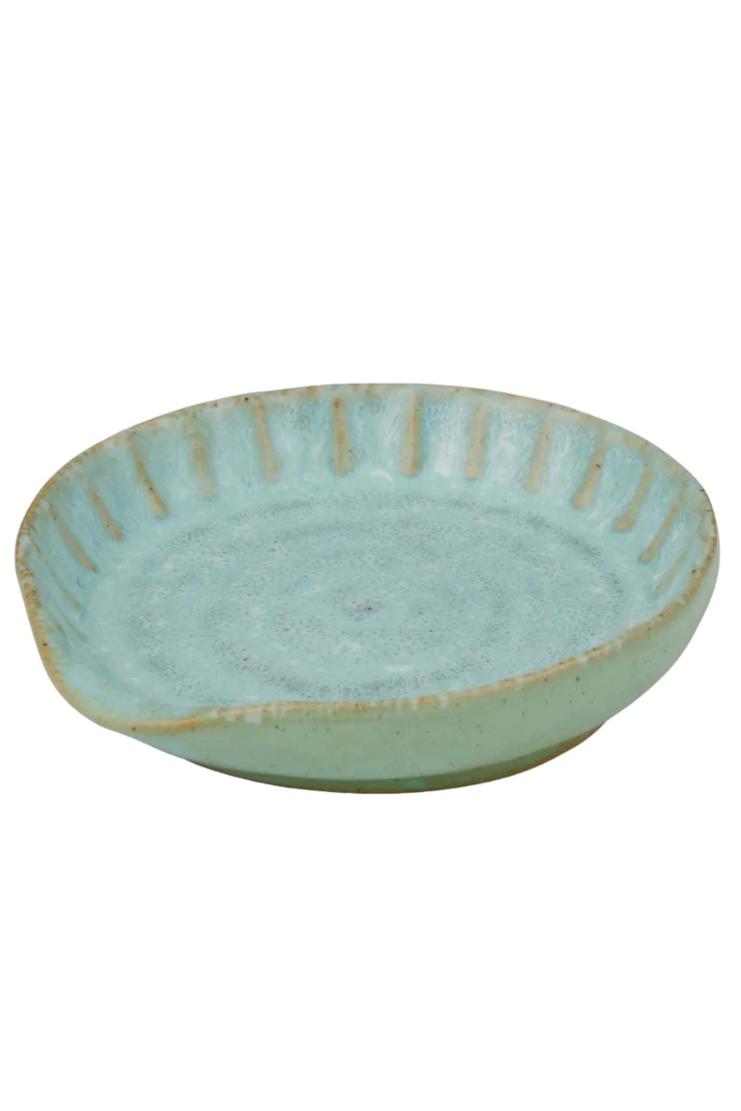 Light blue ceramic spoon rest with a textured surface on a white background