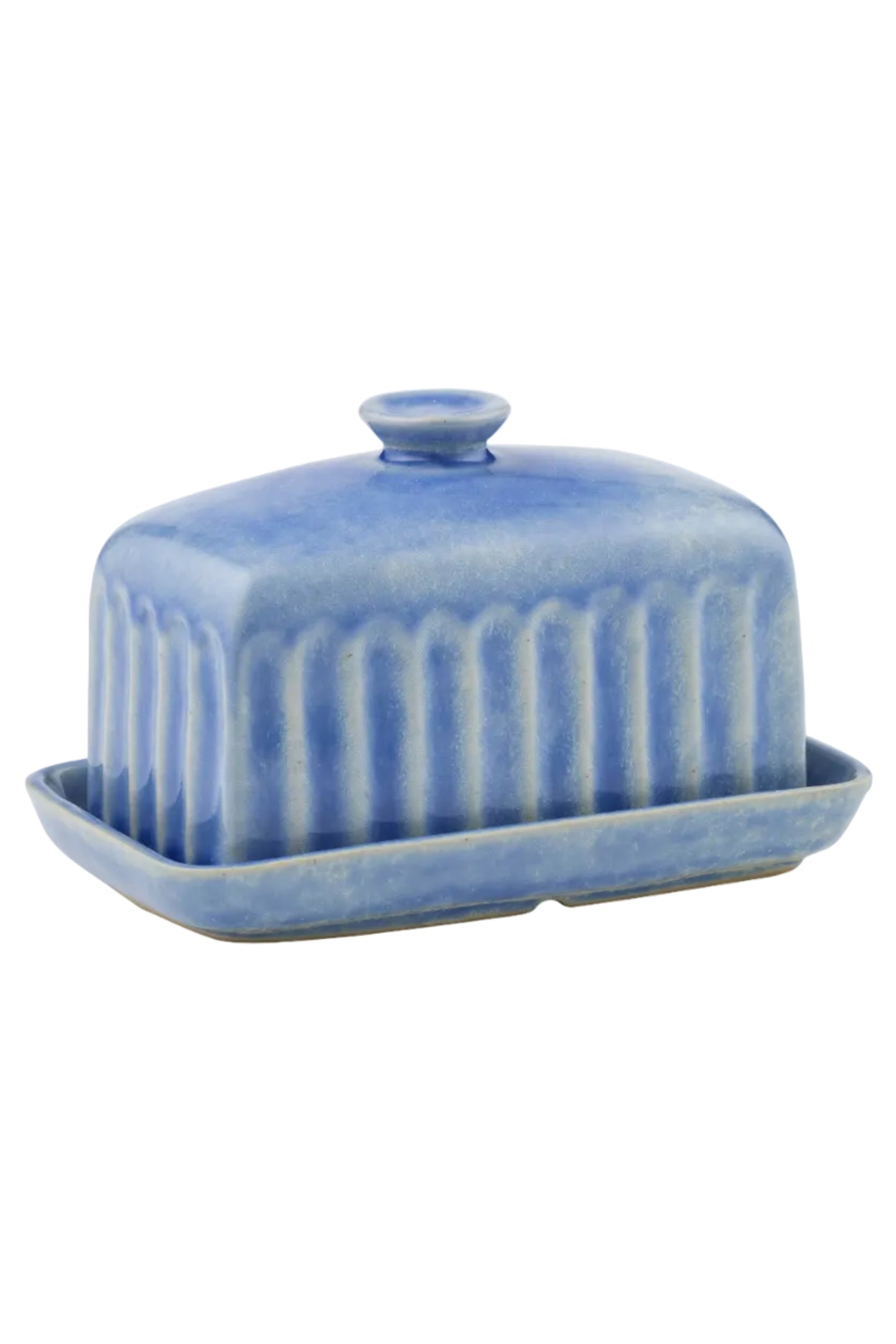 Blue ceramic butter dish with lid on a white background