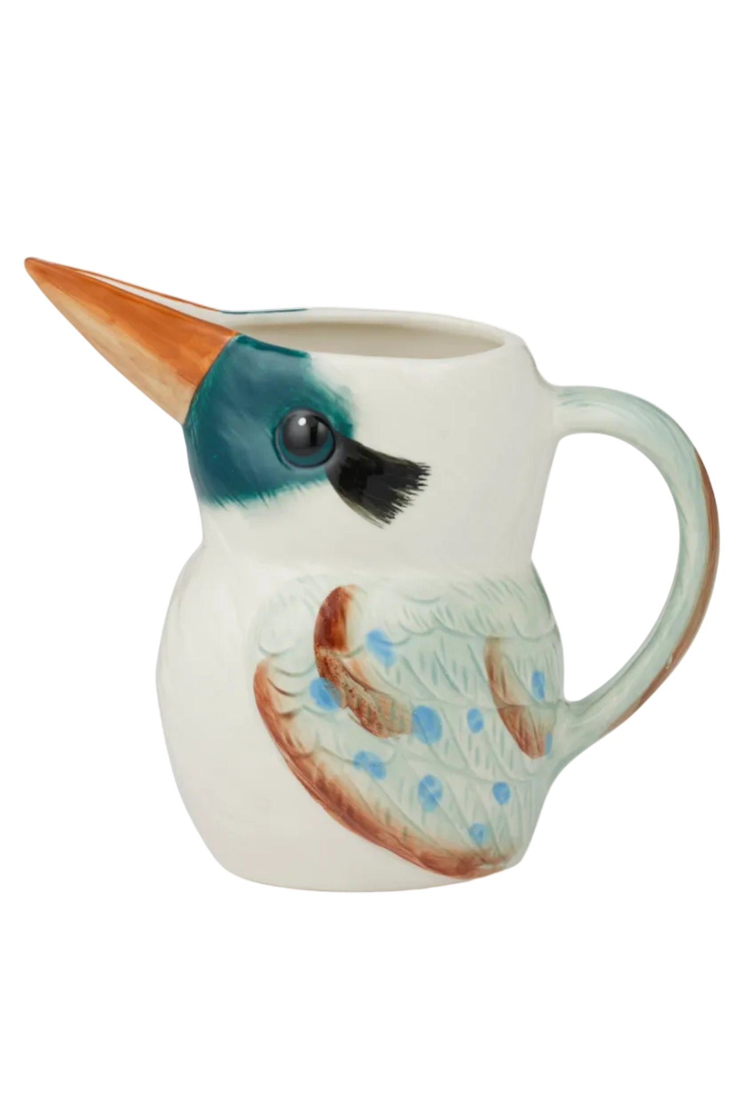 Ceramic jug shaped like a kookaburra with a white background