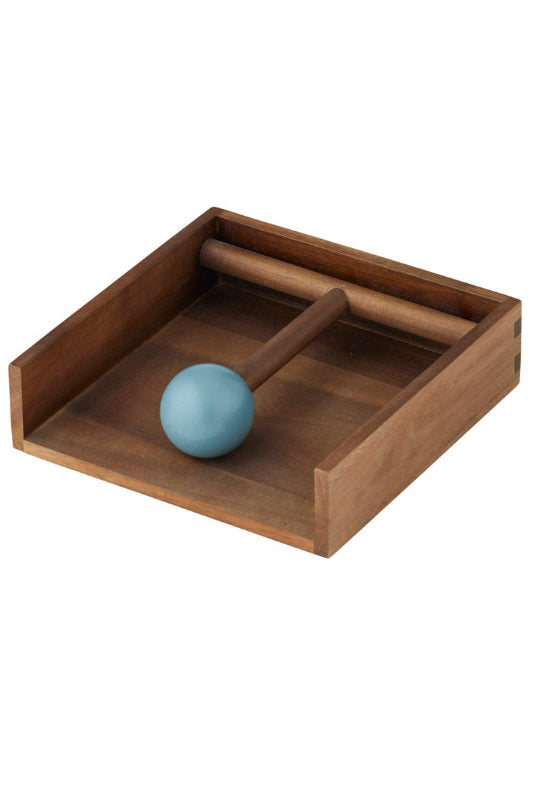 A wooden toy or training box with a light blue spherical handle, shown on a plain white background.