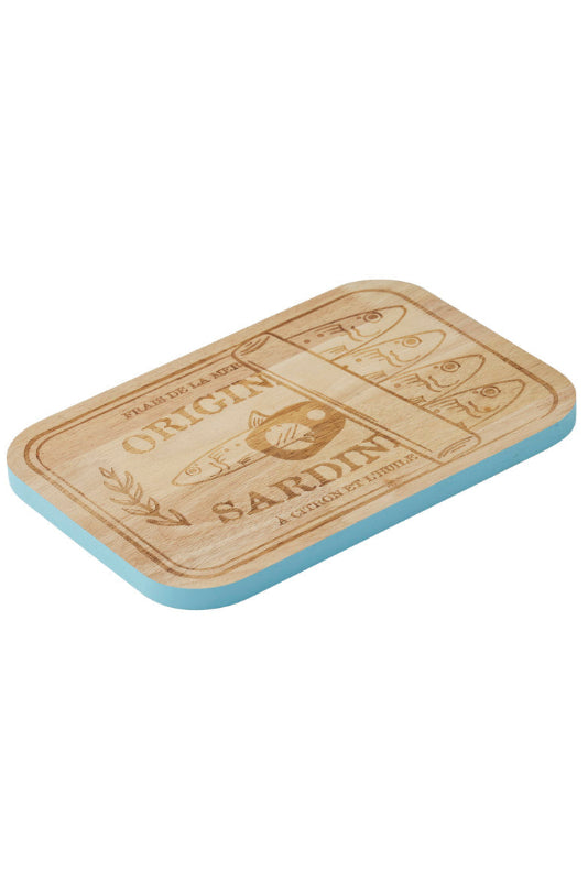 A rectangular wooden cutting board with rounded corners, featuring a light natural wood top with engraved text and fish illustrations, and a light blue underside, shown on a white background.