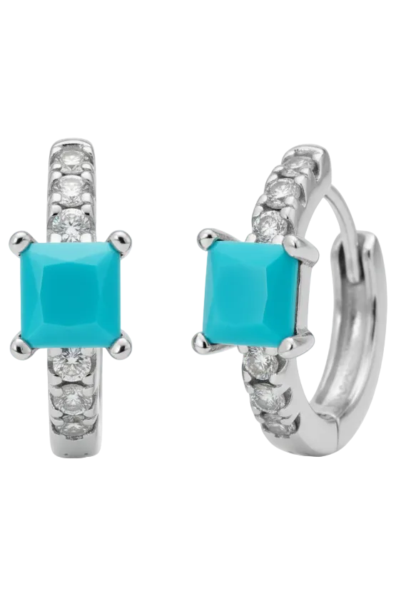 Silver hoop earrings with turquoise stones and small diamonds on a white background