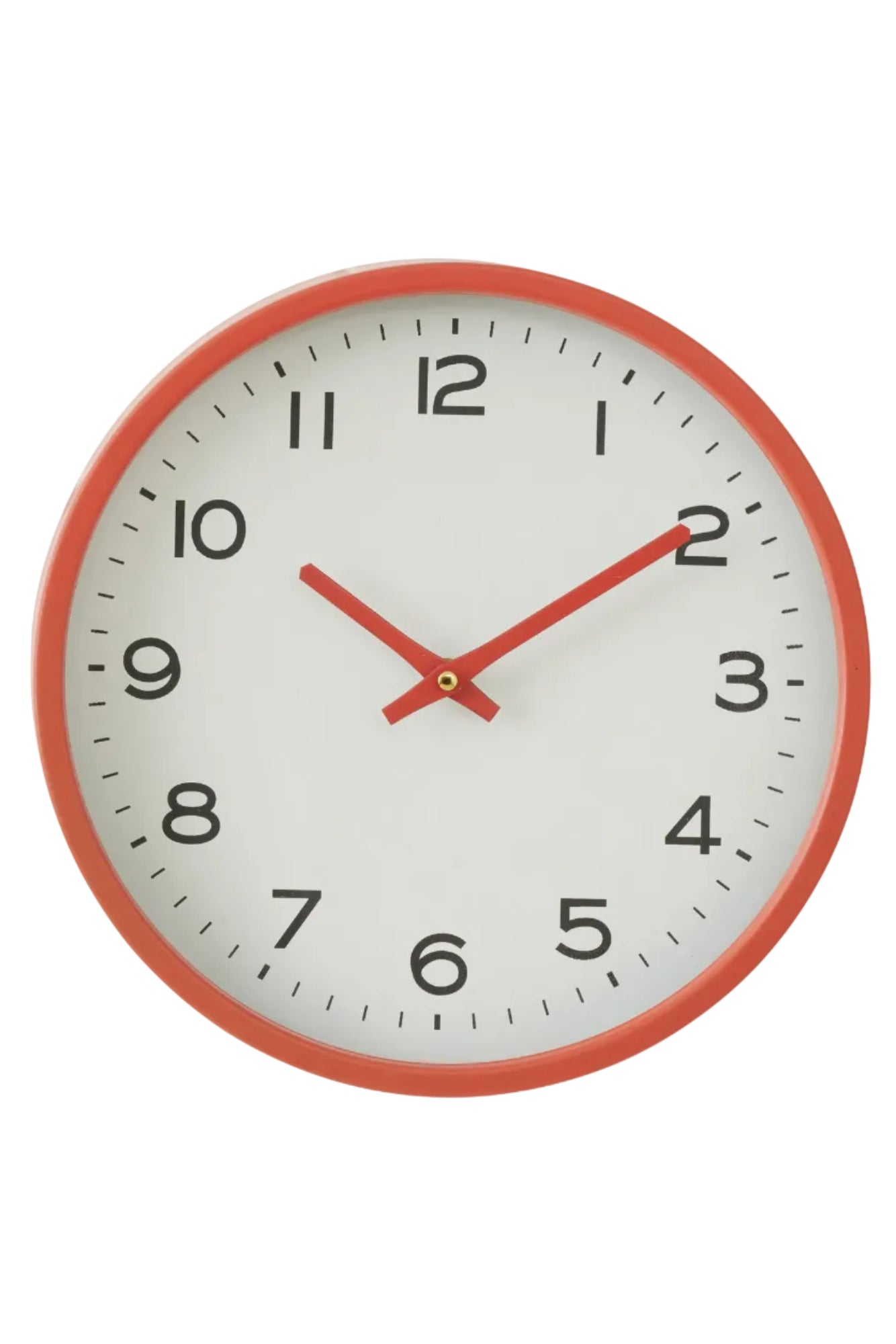 Round wall clock with a red frame and red hands on a white background