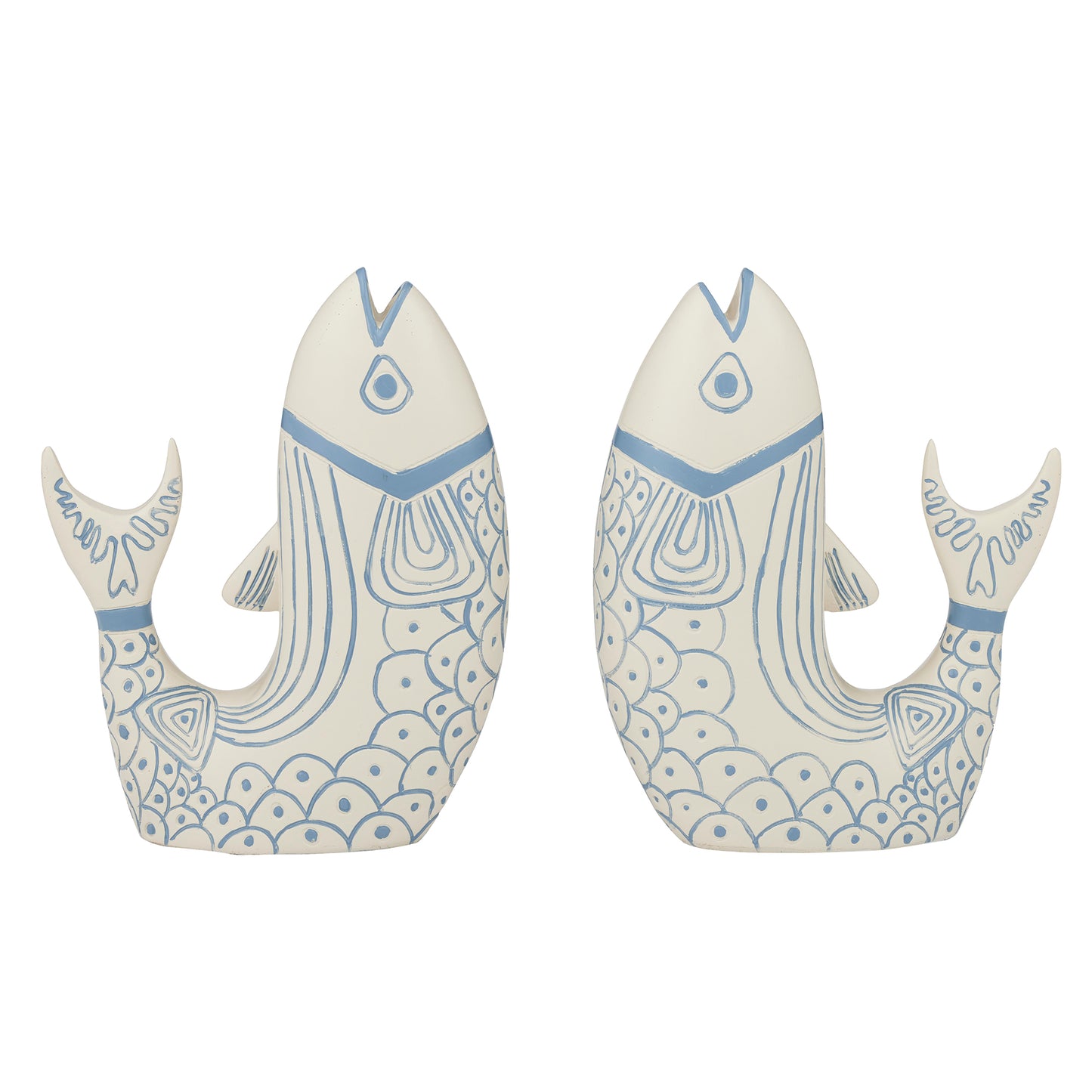 Two resin fish bookends with blue patterns on a white background