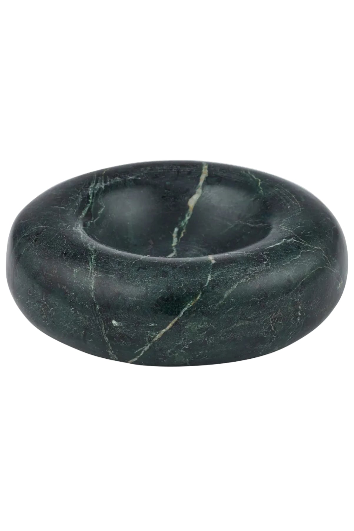 A dark green polished stone dish with natural white and light green veining, photographed on a solid white background.