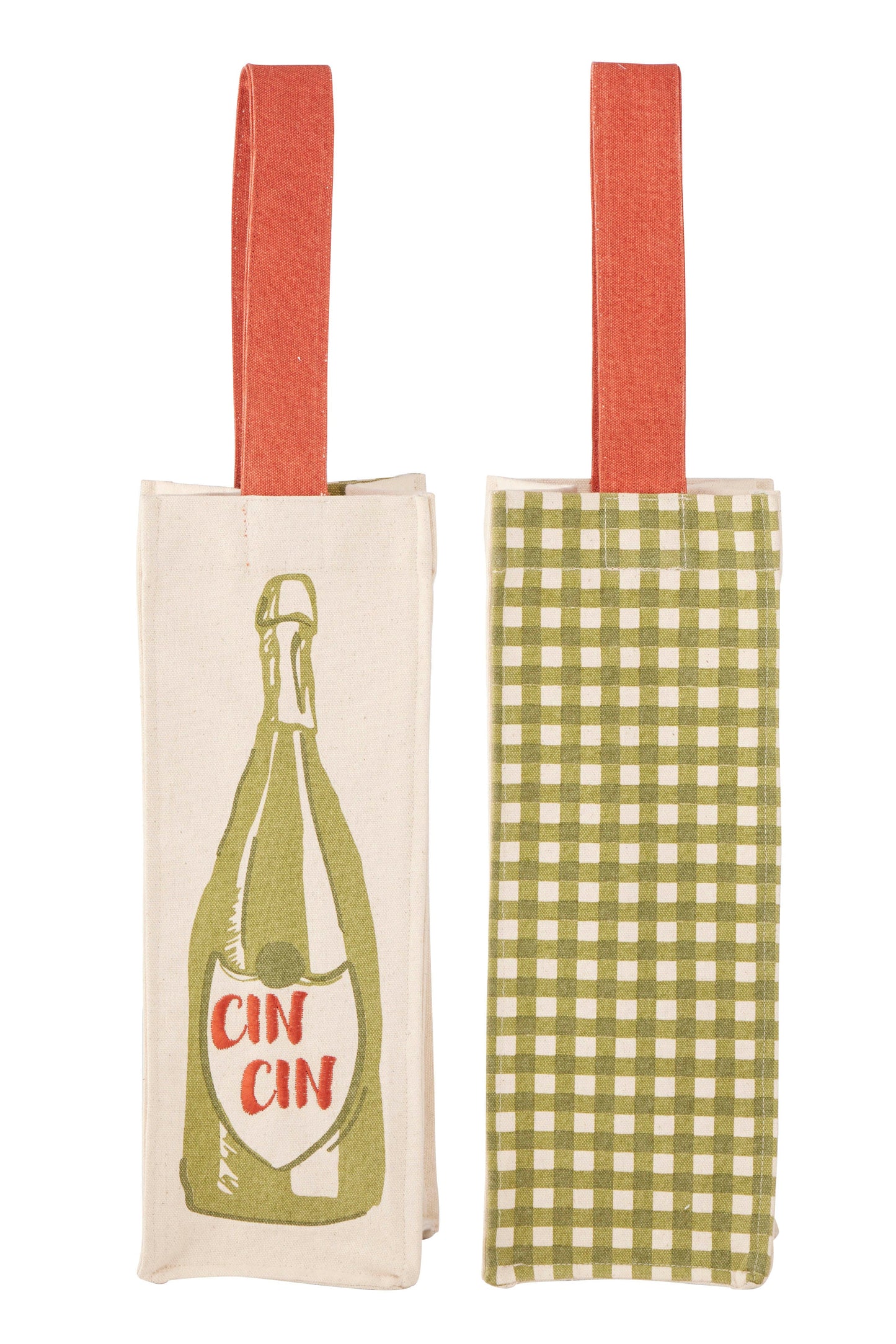 Two wine bottle bags with one featuring a bottle graphic and 'Cin Cin' text, the other in green checkered pattern.