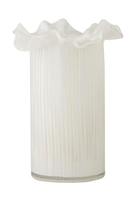 A white ribbed glass vase with a ruffled, flower-like rim, shown against a plain white background.