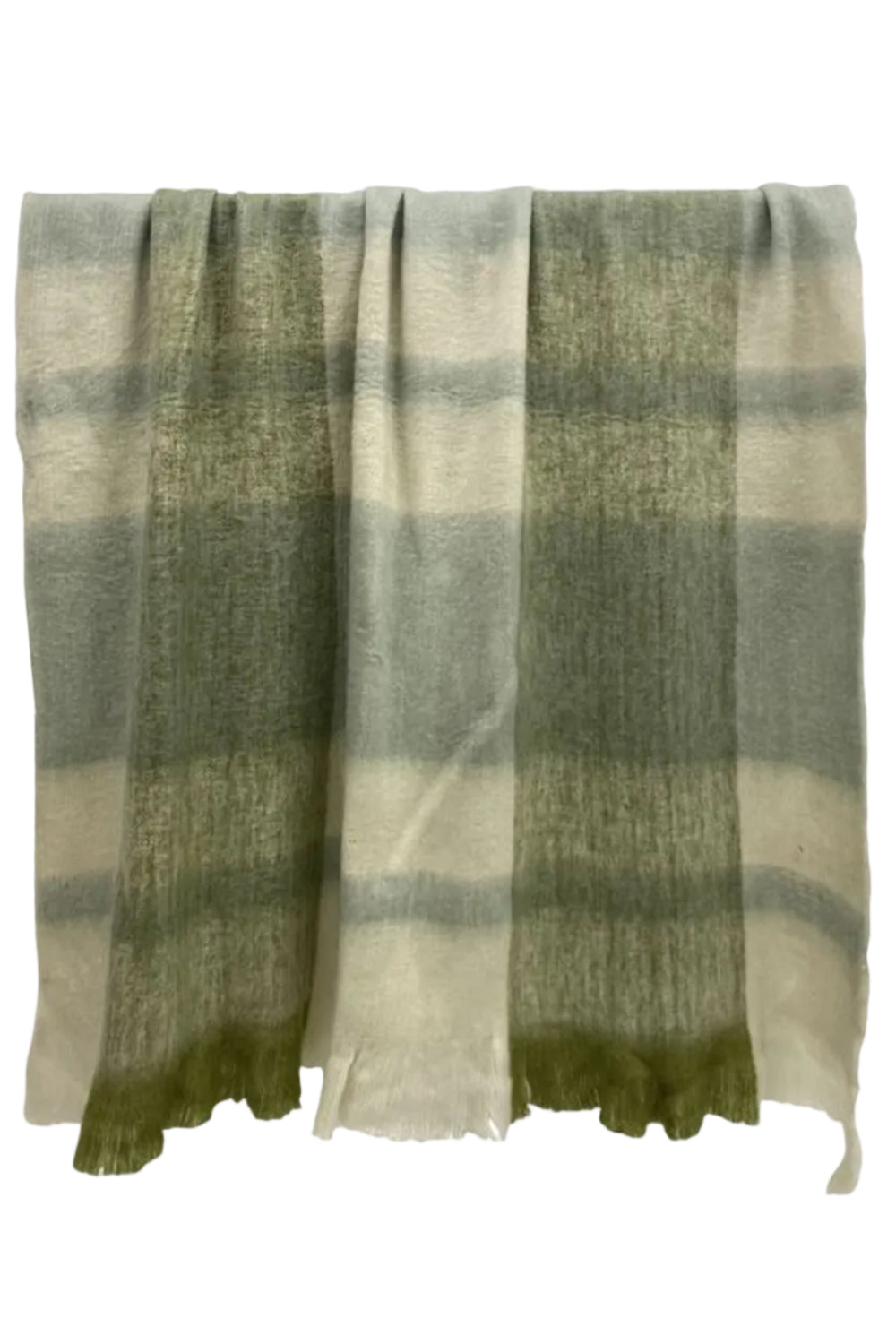 Plaid throw blanket with green and beige colors on a white background