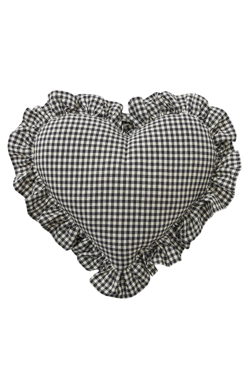 Heart-shaped checkered pillow with ruffled edges on a white background