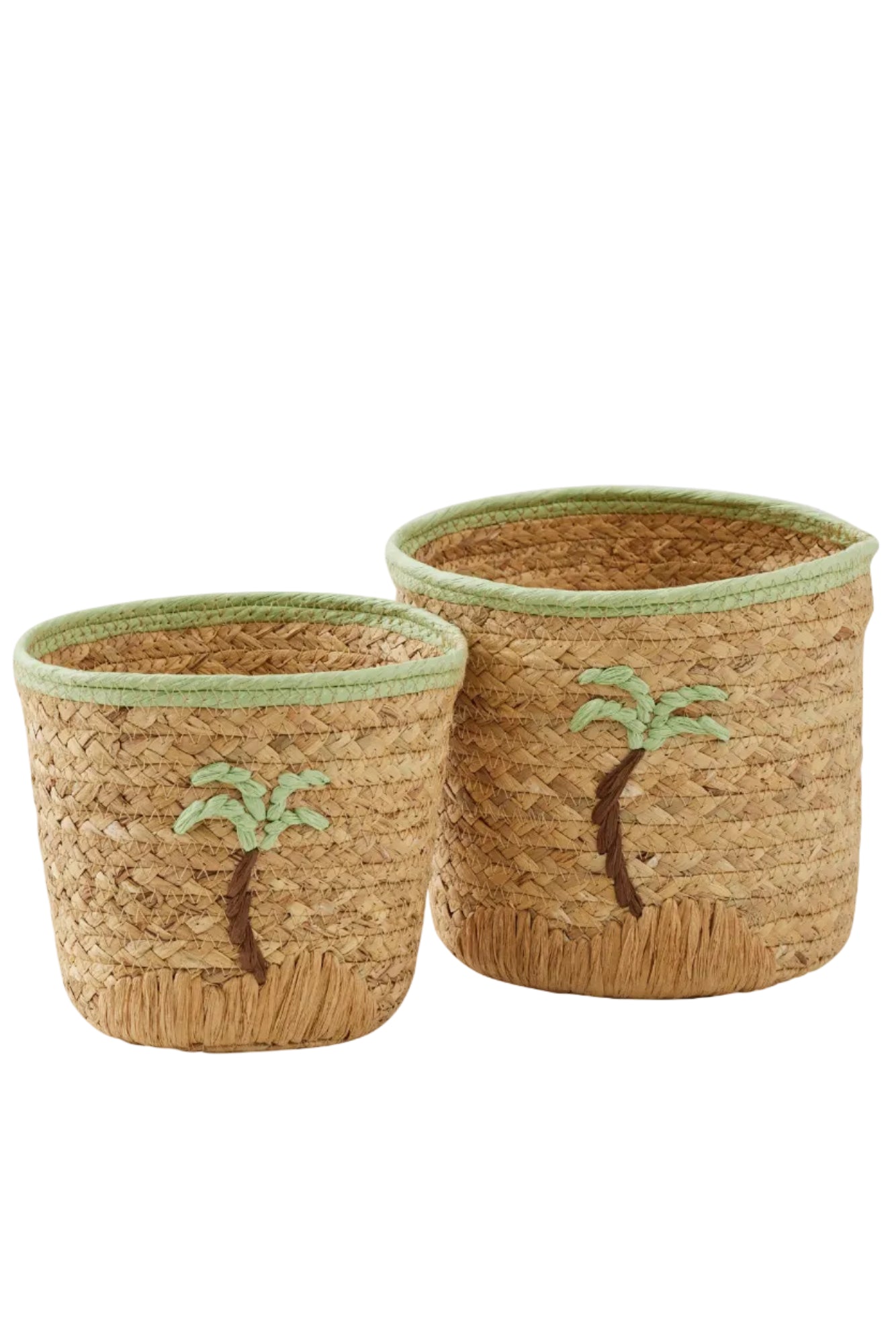 Two woven baskets with embroidered palm tree designs on a white background