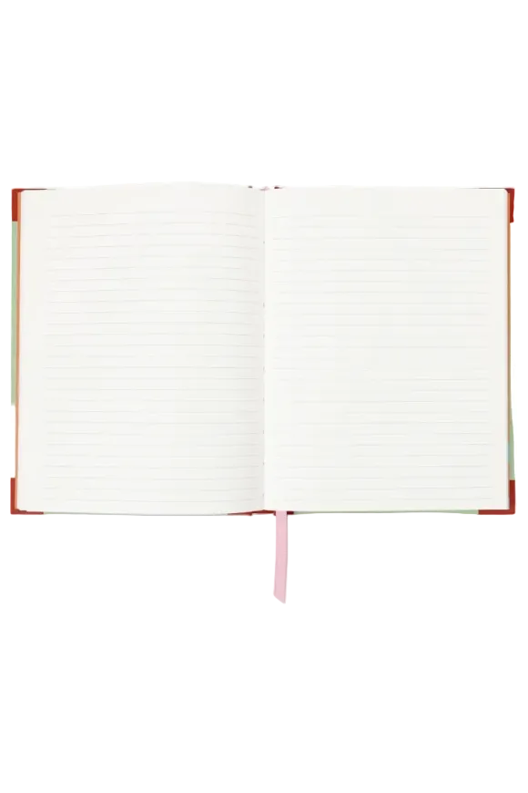 An open lined notebook with blank white pages, a pink ribbon bookmark, and a red cover edge, shown on a plain white background.