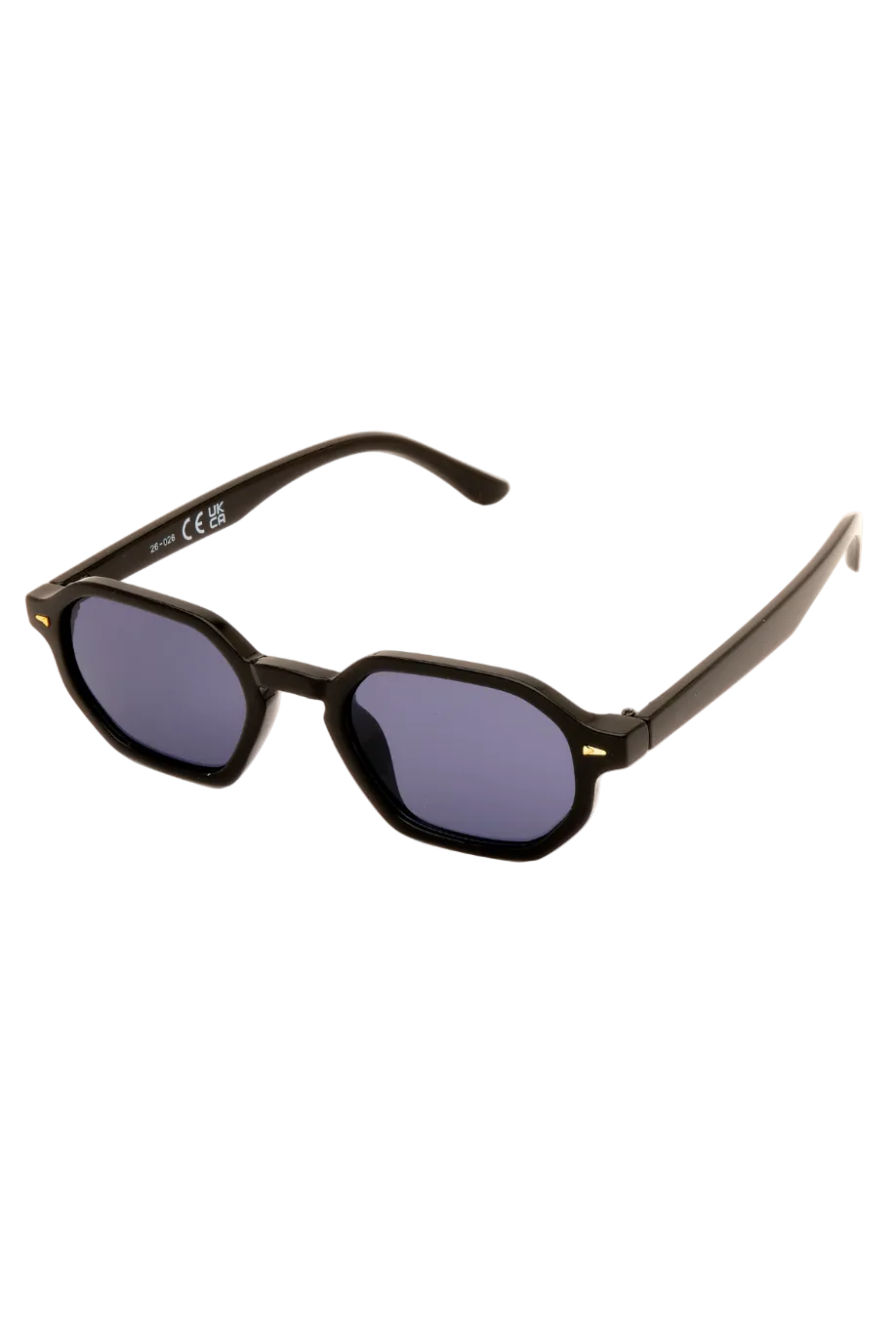 Black sunglasses with dark blue-gray lenses, featuring a unique multi-sided geometric frame and small gold metal accents on the temples, shown on a white background.
