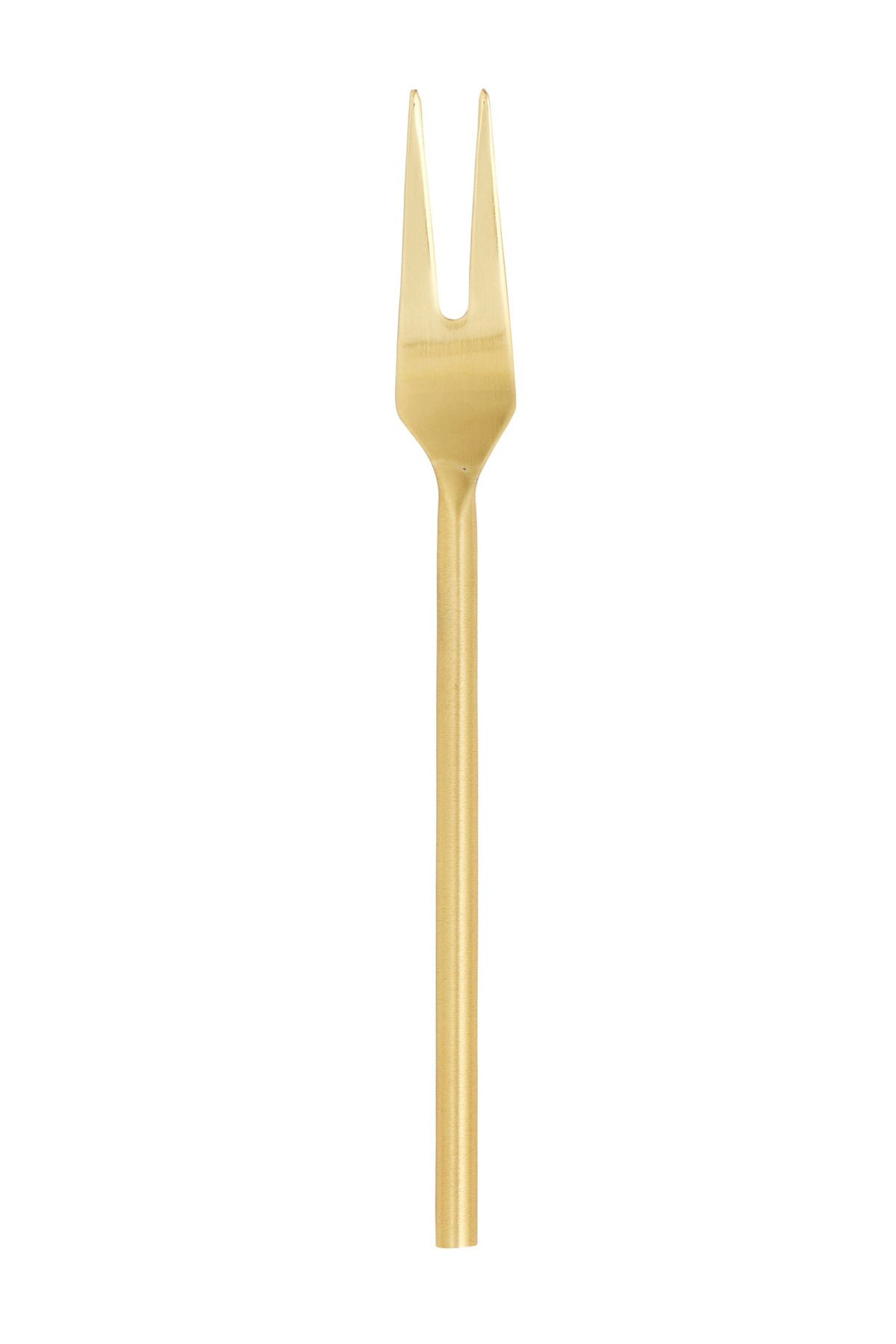 A single gold-colored metal serving fork with a long handle and two prongs, shown vertically against a plain white background.