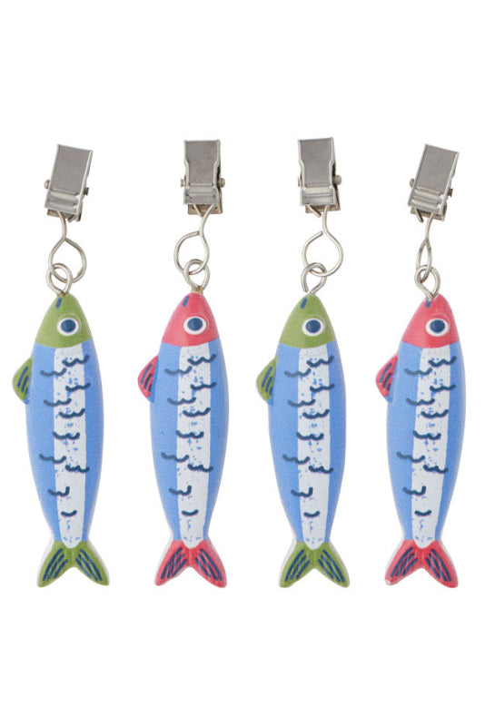 Four colorful fish-shaped hair clips with silver metal clasps, arranged in a row on a plain white background.