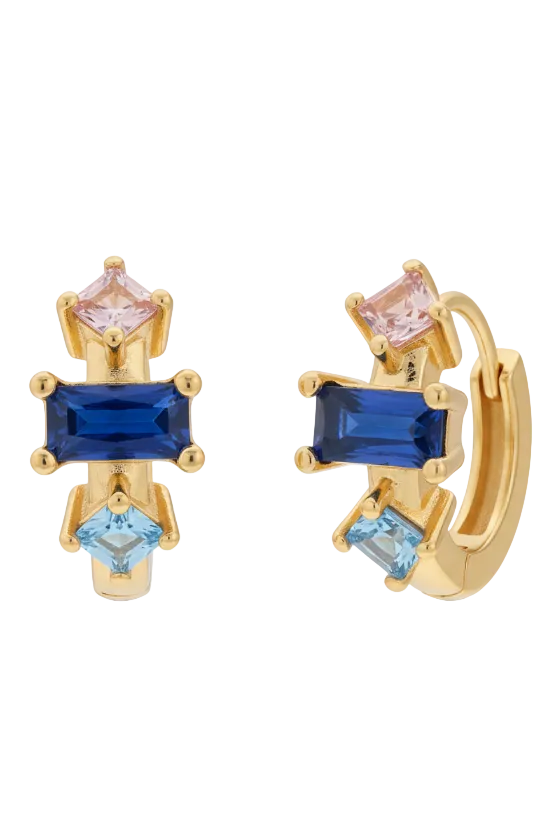 Gold hoop earrings with blue and pink gemstones on a white background