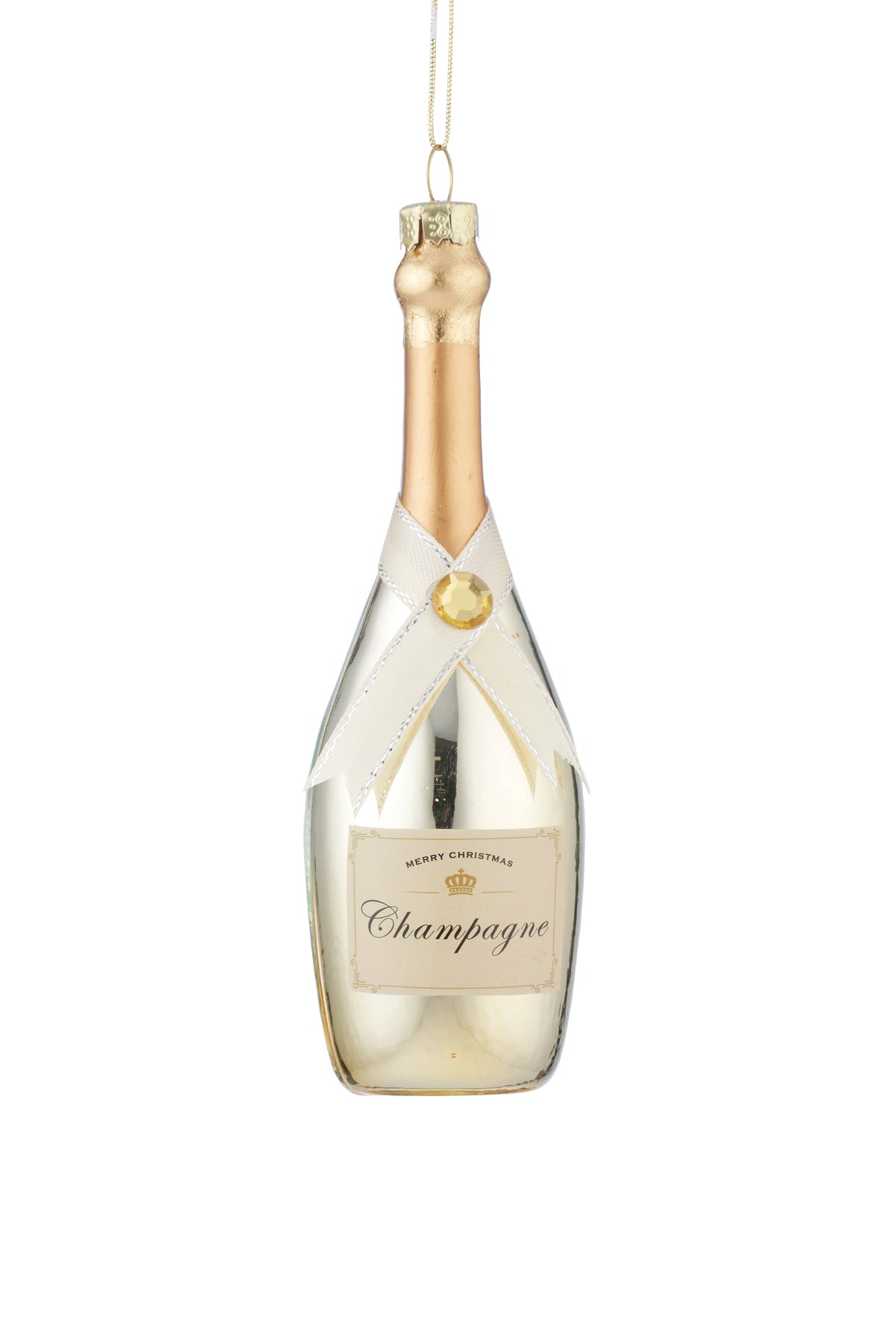 A champagne bottle-shaped hanging ornament with a gold foil neck, white bow detail, and a hanging loop at the top, shown on a plain white background.