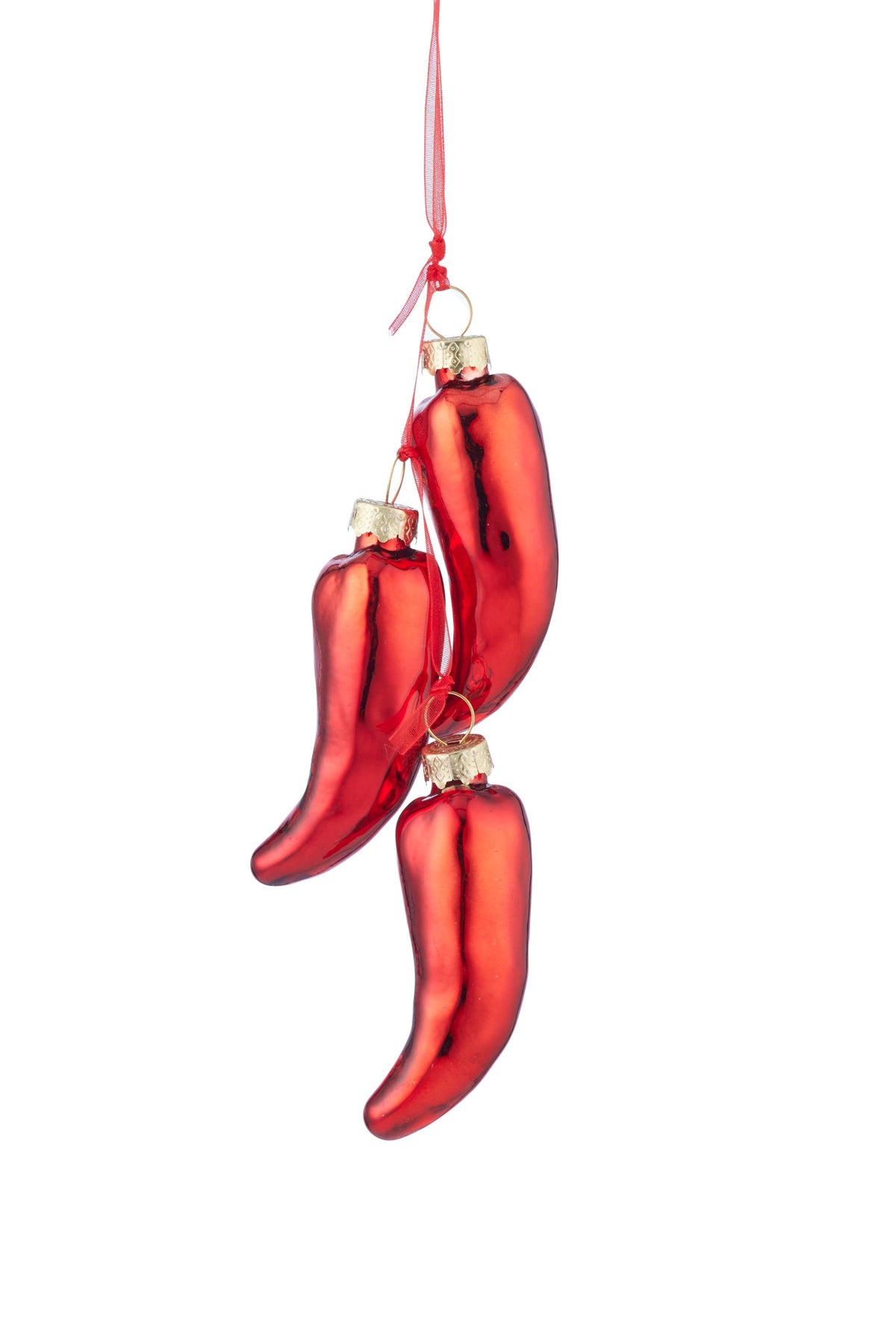 A red chili pepper hanging ornament with a glossy finish and a thin red hanging ribbon, shown against a plain white background.