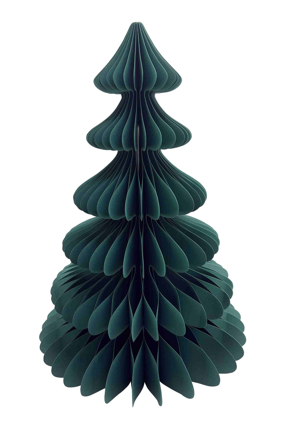 A dark teal 3D papercraft Christmas tree decoration, shown against a solid white background.