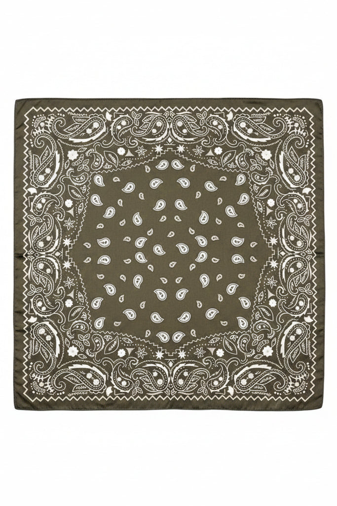 Green bandana with white patterns on a white ground
