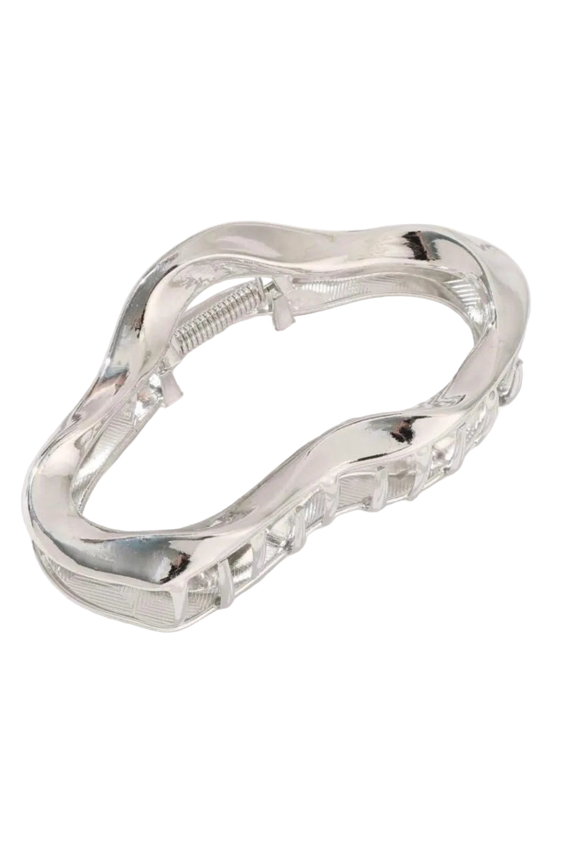 Silver ring with a unique design on a white background