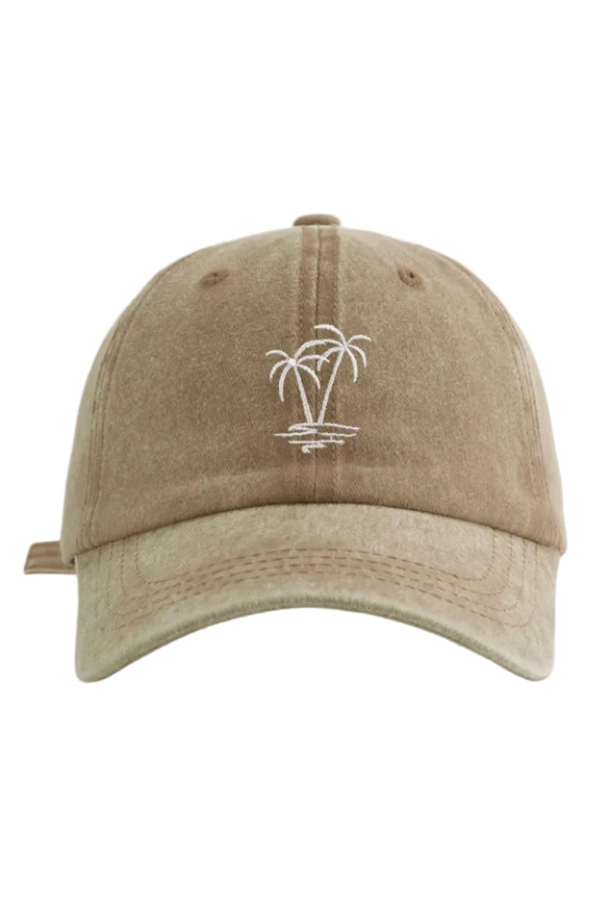 Beige cap with palm tree design on a white background