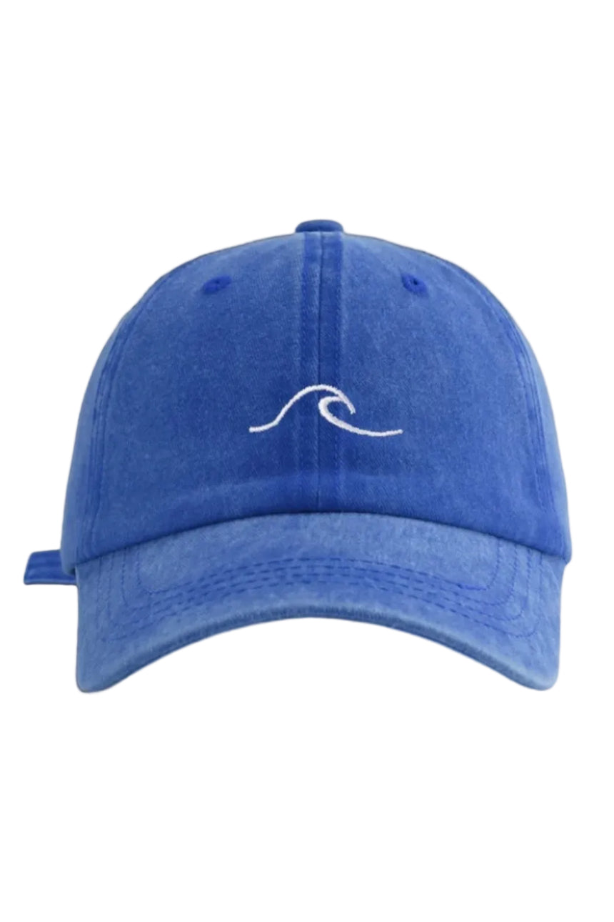 Blue cap with a white wave design on a white background